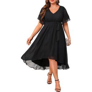 Plus Size Formal Dress Chiffon V Neck Short Sleeve High Low For Women